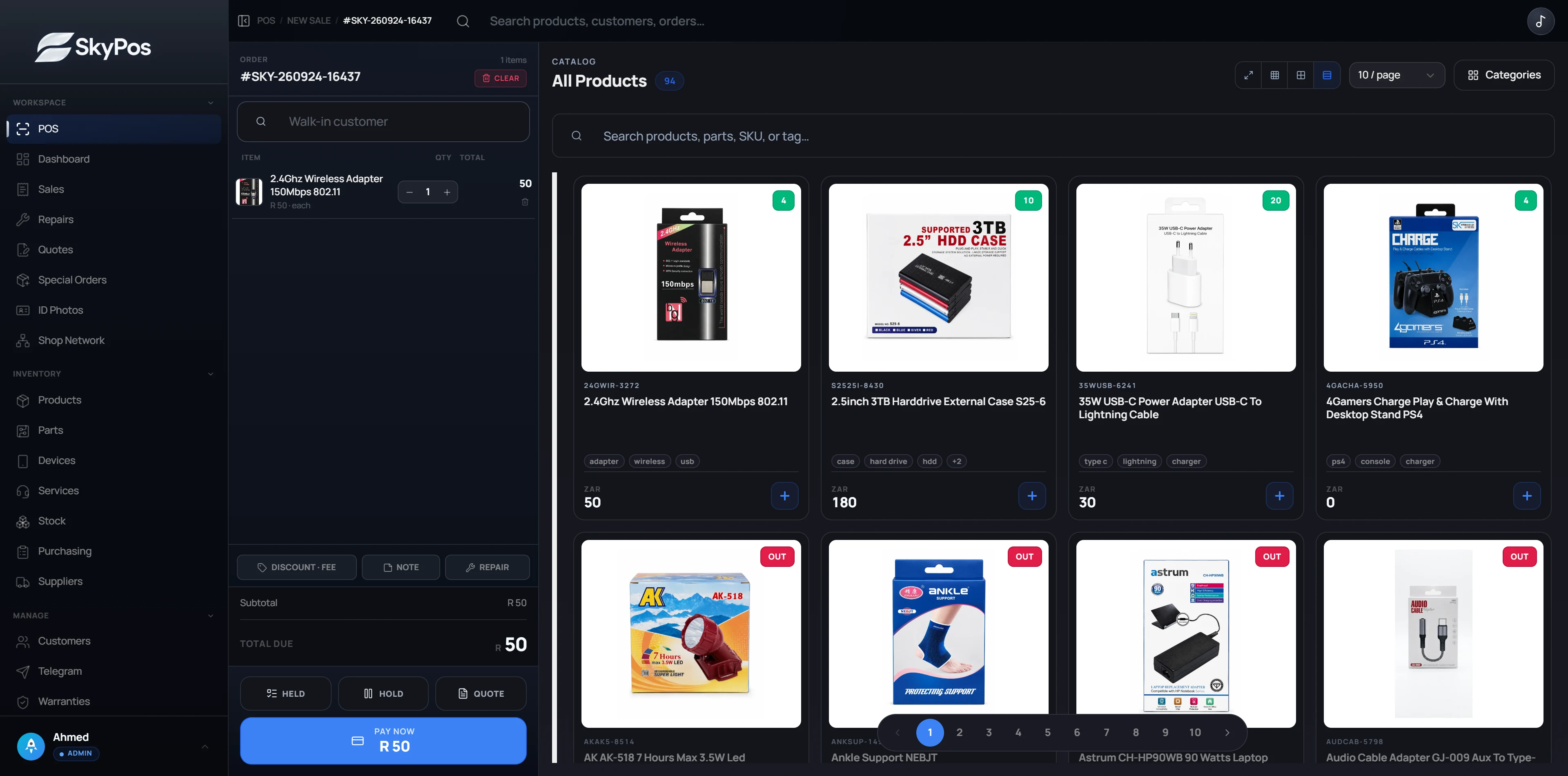 SkyPos point of sale with the product catalogue and a live order